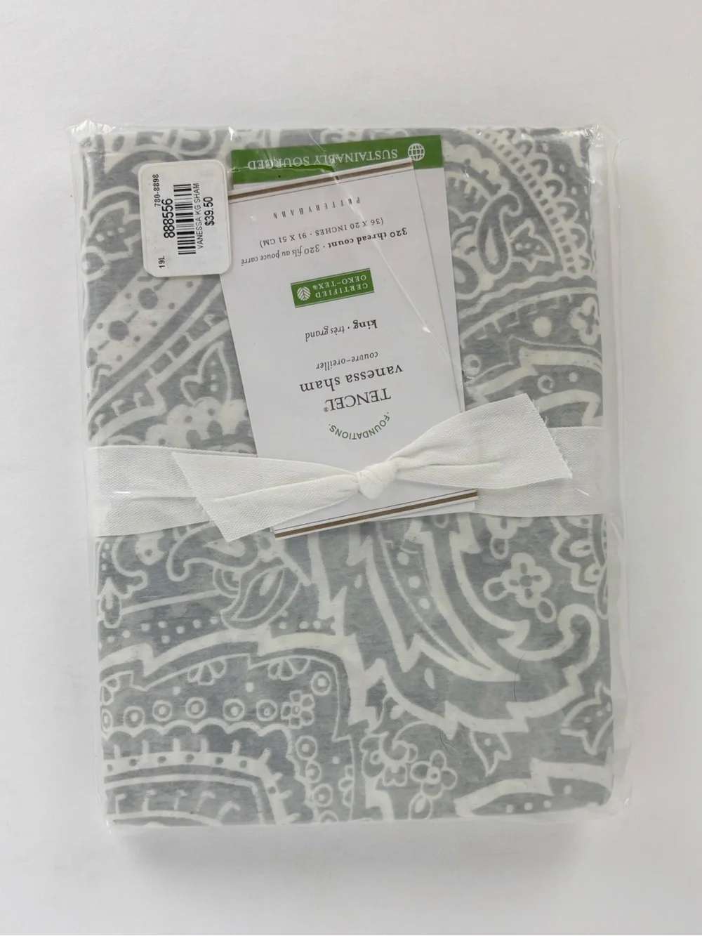 Pottery Barn Vanessa Tencel Sham King Gray White Paisley
